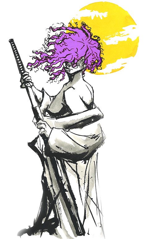 Picture, Female Bushido Warrior, with purple hair, standing beneath a bright yellow sun and gray bamboo as depicted by Long Beach California artist LaJon Miller