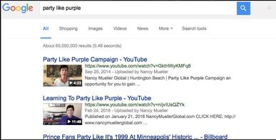 Snapshot of a google search - party like purple showing the first two YouTube results of Nancy Mueller's Party Like Purple Campaign.