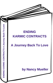 Animated book standing up with the title Ending Karmic Contracts - A Journey Back to Love on the front and along the spine of the book.