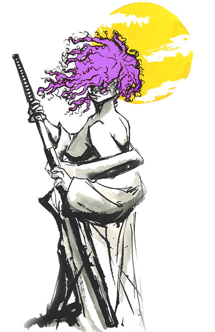 Artist's impression of a Bushido Warrior with violet coloured hair and about to wield a samurai sword. Bright yellow sun in the background.
