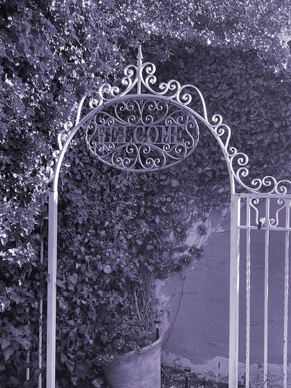 Purple haze wrought iron arched white gate with a sign in the curve of the arch saying welcome. Plant pot with overgrown bush climbing upwards on the wall in the background.