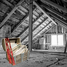 Picture, black and white attic, open trunk full of letters, red sash 