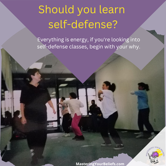 Women's self-defense class, Sensei and students, purple background, questions asking: 